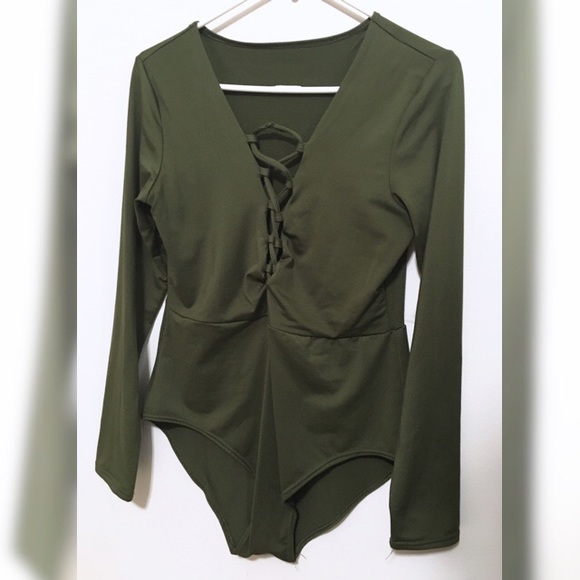 Army Green Lace-Up Bodysuit - Picture 2 of 3